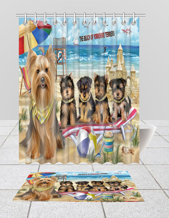 Pet Friendly Beach Yorkshire Terrier Dogs Bath Mat and Shower Curtain Combo