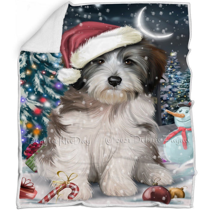 Have a Holly Jolly Christmas Tibetan Terrier Dog in Holiday Background Blanket D128