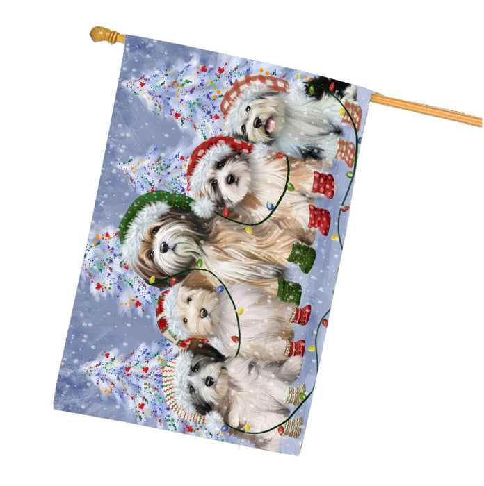 Christmas Lights and Tibetan Terrier Dogs House Flag Outdoor Decorative Double Sided Pet Portrait Weather Resistant Premium Quality Animal Printed Home Decorative Flags 100% Polyester