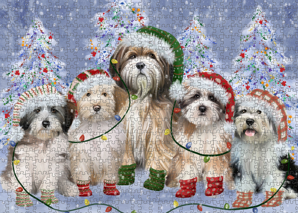Christmas Lights and Tibetan Terrier Dogs Portrait Jigsaw Puzzle for Adults Animal Interlocking Puzzle Game Unique Gift for Dog Lover's with Metal Tin Box