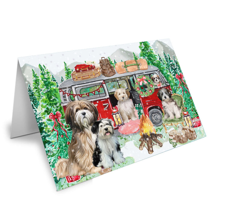 Christmas Time Camping with Tibetan Terrier Dogs Handmade Artwork Assorted Pets Greeting Cards and Note Cards with Envelopes for All Occasions and Holiday Seasons