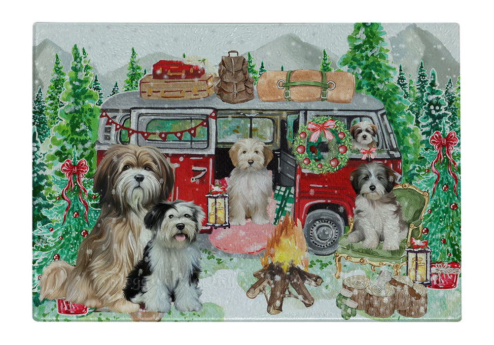 Christmas Time Camping with Tibetan Terrier Dogs Cutting Board - For Kitchen - Scratch & Stain Resistant - Designed To Stay In Place - Easy To Clean By Hand - Perfect for Chopping Meats, Vegetables