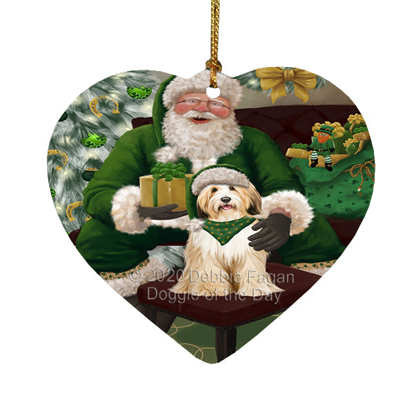 Christmas Irish Santa with Gift and Tibetan Terrier Dog Heart Christmas Ornament RFPOR58317