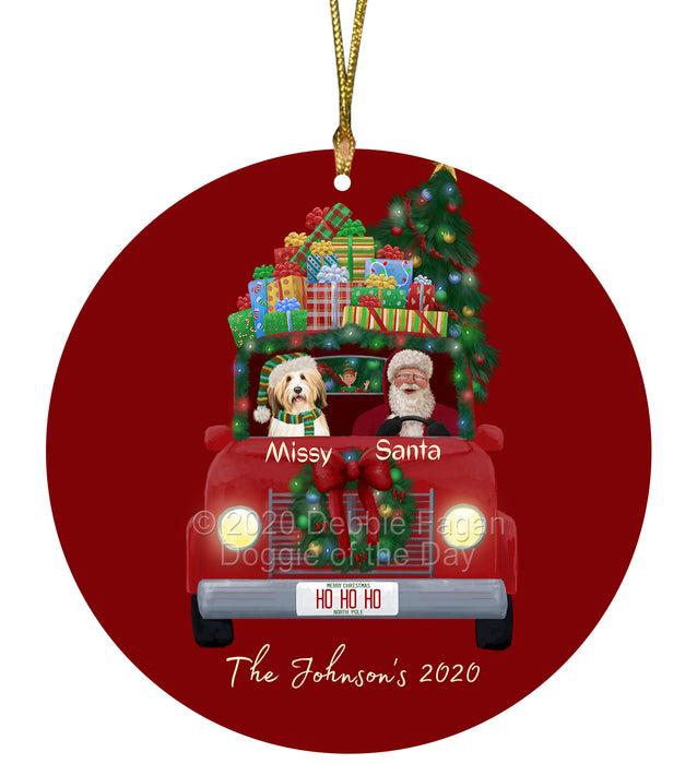 Personalized Christmas Honk Honk Red Truck Here Comes with Santa and Tibetan Terrier Dog Round Flat Ornament PRBPOR59125