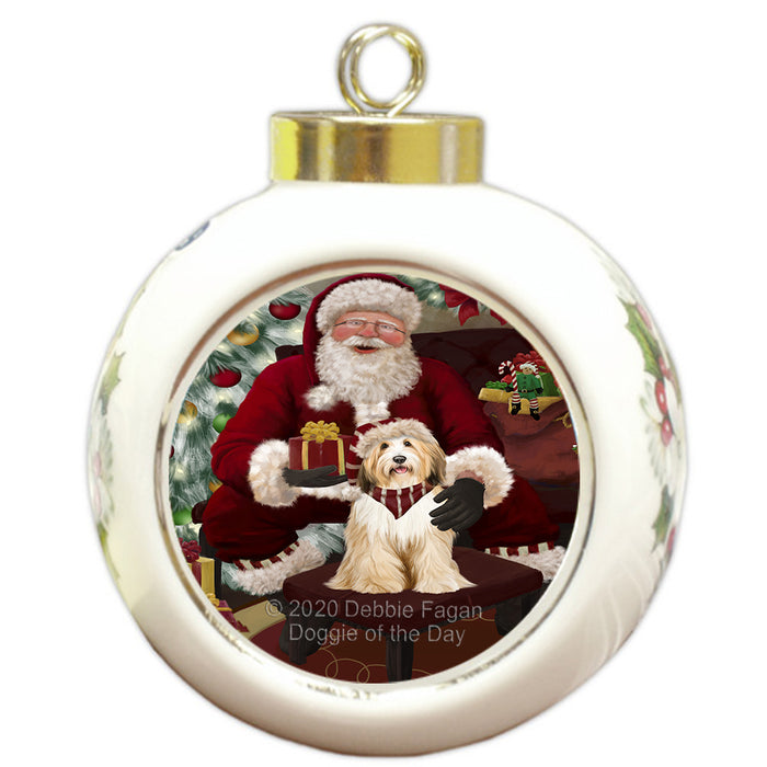 Santa's Christmas Surprise Tibetan Terrier Dog Round Ball Christmas Ornament RBPOR58073