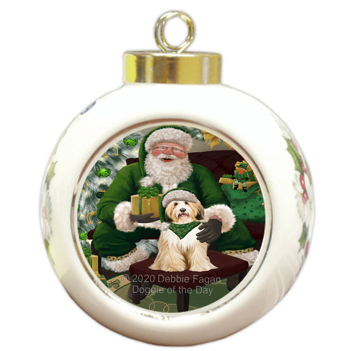 Christmas Irish Santa with Gift and Tibetan Terrier Dog Round Ball Christmas Ornament RBPOR57975