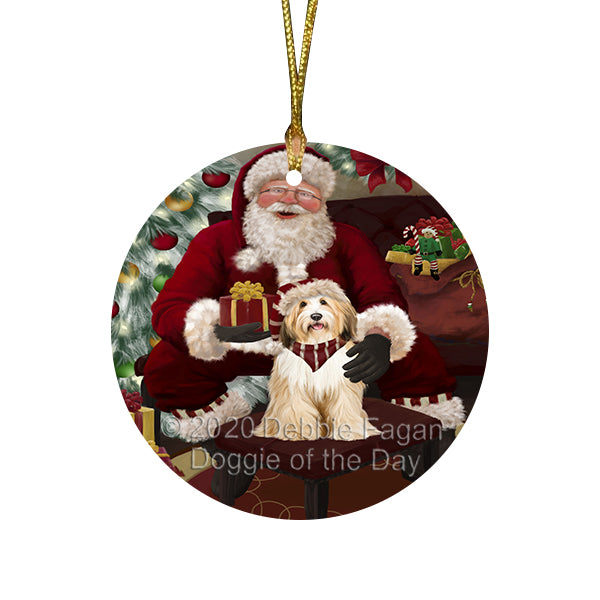 Santa's Christmas Surprise Tibetan Terrier Dog Round Flat Christmas Ornament RFPOR58073