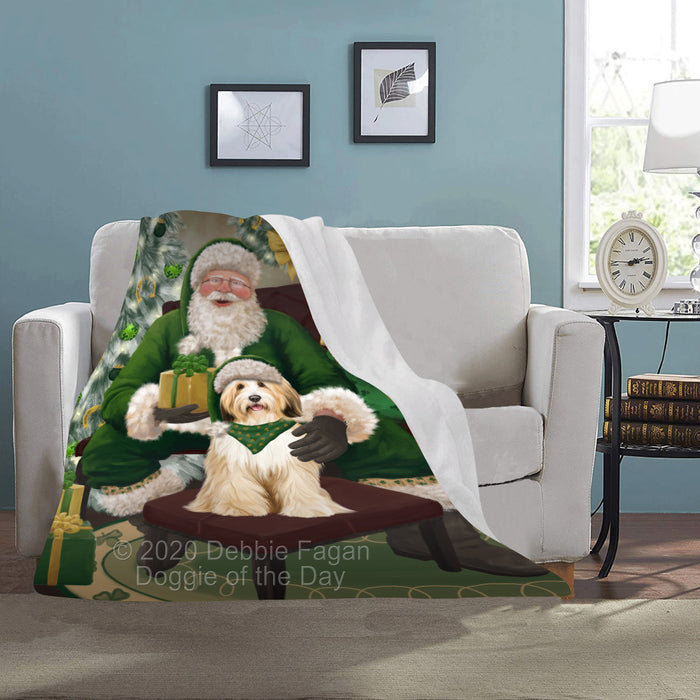 Christmas Irish Santa with Gift and Tibetan Terrier Dog Blanket BLNKT141583