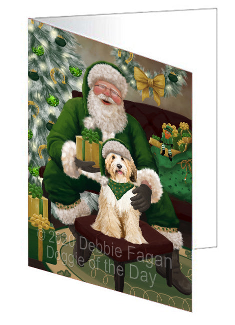 Christmas Irish Santa with Gift and Tibetan Terrier Dog Handmade Artwork Assorted Pets Greeting Cards and Note Cards with Envelopes for All Occasions and Holiday Seasons GCD75995