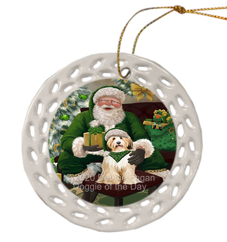 Christmas Irish Santa with Gift and Tibetan Terrier Dog Doily Ornament DPOR59537