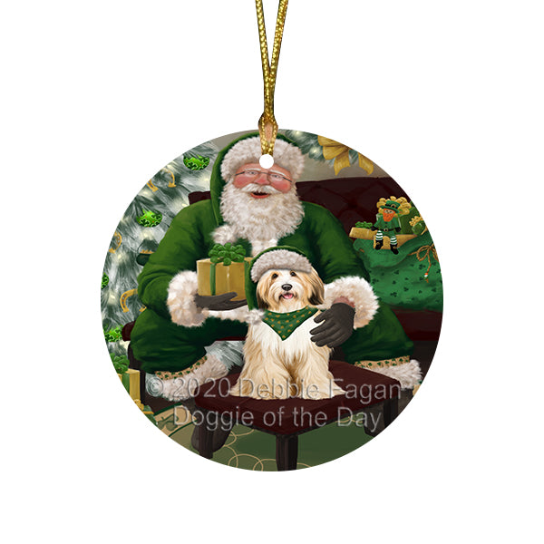 Christmas Irish Santa with Gift and Tibetan Terrier Dog Round Flat Christmas Ornament RFPOR57975