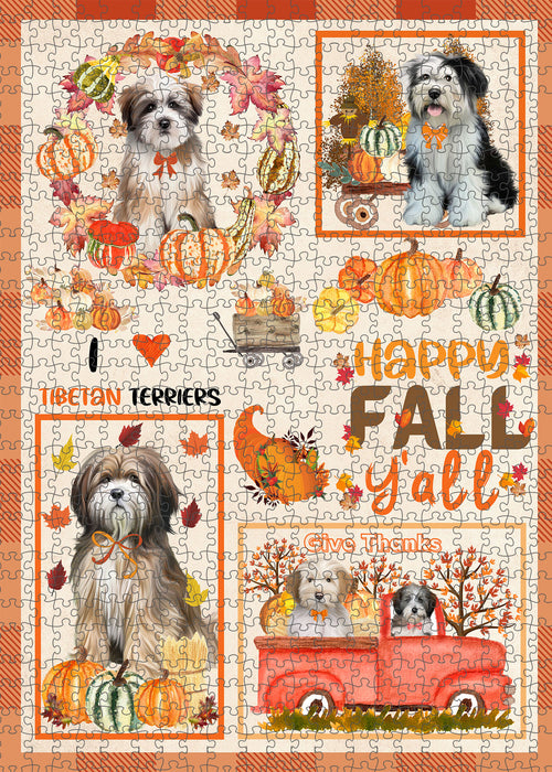 Happy Fall Y'all Pumpkin Tibetan Terrier Dogs Portrait Jigsaw Puzzle for Adults Animal Interlocking Puzzle Game Unique Gift for Dog Lover's with Metal Tin Box
