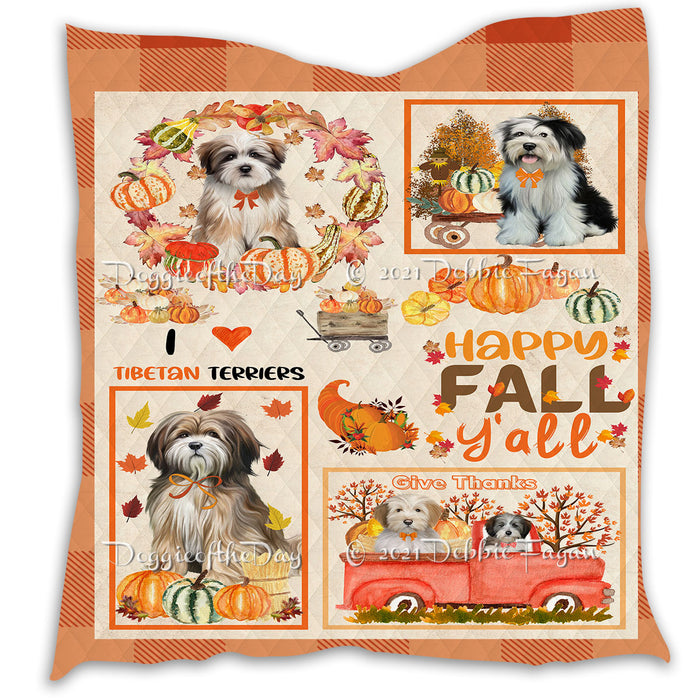 Happy Fall Y'all Pumpkin Tibetan Terrier Dogs Quilt Bed Coverlet Bedspread - Pets Comforter Unique One-side Animal Printing - Soft Lightweight Durable Washable Polyester Quilt