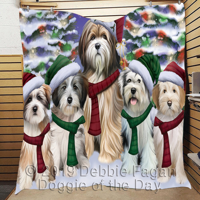 Tibetan Terrier Dogs Christmas Family Portrait in Holiday Scenic Background Quilt