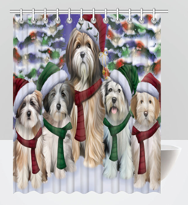 Tibetan Terrier Dogs Christmas Family Portrait in Holiday Scenic Background Shower Curtain