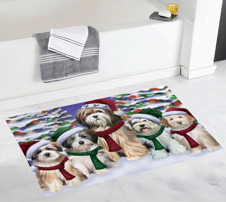 Tibetan Terrier Dogs Christmas Family Portrait in Holiday Scenic Background Bath Mat