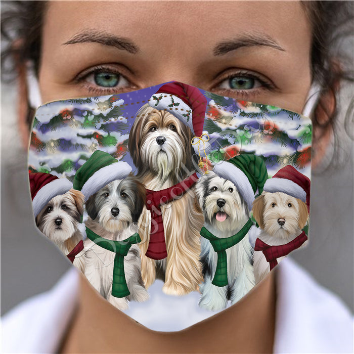 Tibetan Terrier Dogs Christmas Family Portrait in Holiday Scenic Background Face Mask FM48385