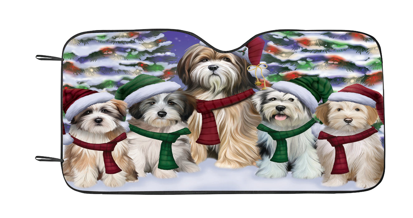 Tibetan Terrier Dogs Christmas Family Portrait in Holiday Scenic Background Car Sun Shade