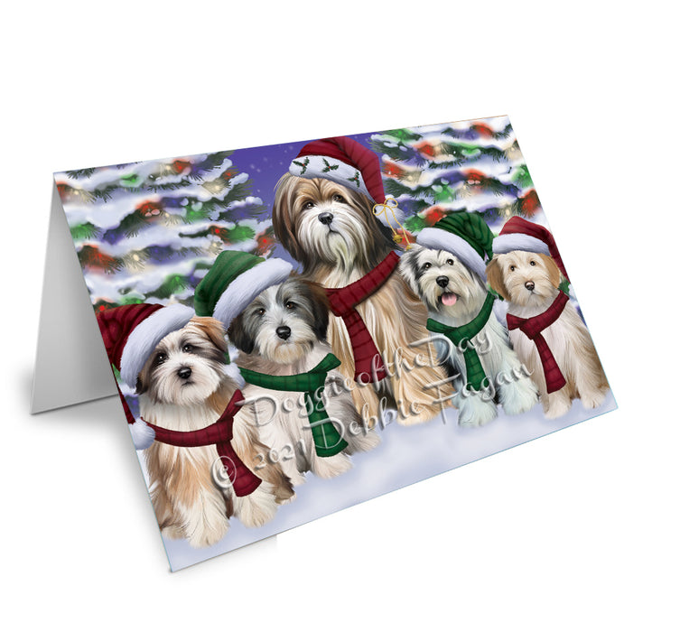 Christmas Family Portrait Tibetan Terrier Dog Handmade Artwork Assorted Pets Greeting Cards and Note Cards with Envelopes for All Occasions and Holiday Seasons