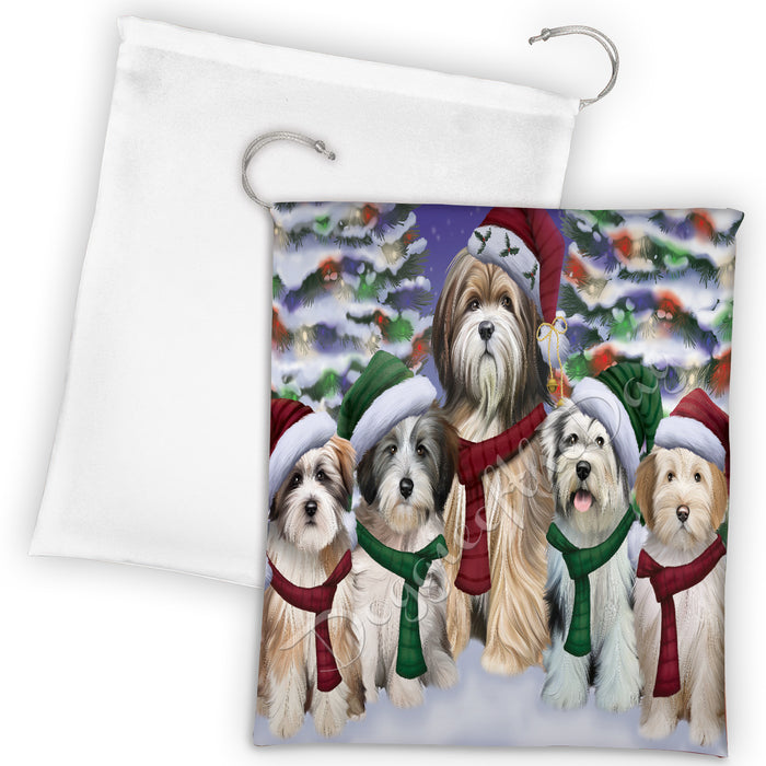 Tibetan Terrier Dogs Christmas Family Portrait in Holiday Scenic Background Drawstring Laundry or Gift Bag LGB48183