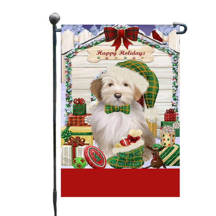 Personalized Happy Holidays Christmas Tibetan Terrier Dog House with Presents Custom Garden Flags GFLG-DOTD-A59384