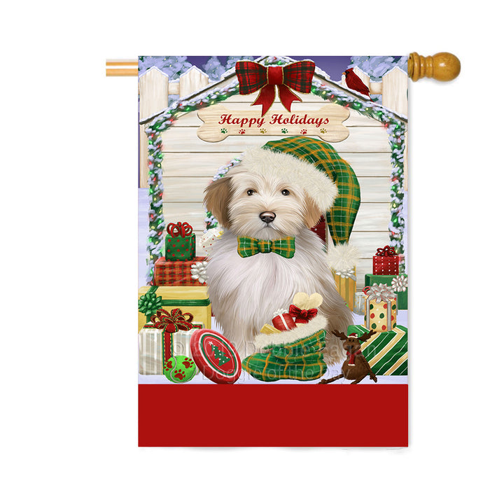 Personalized Happy Holidays Christmas Tibetan Terrier Dog House with Presents Custom House Flag FLG-DOTD-A59440