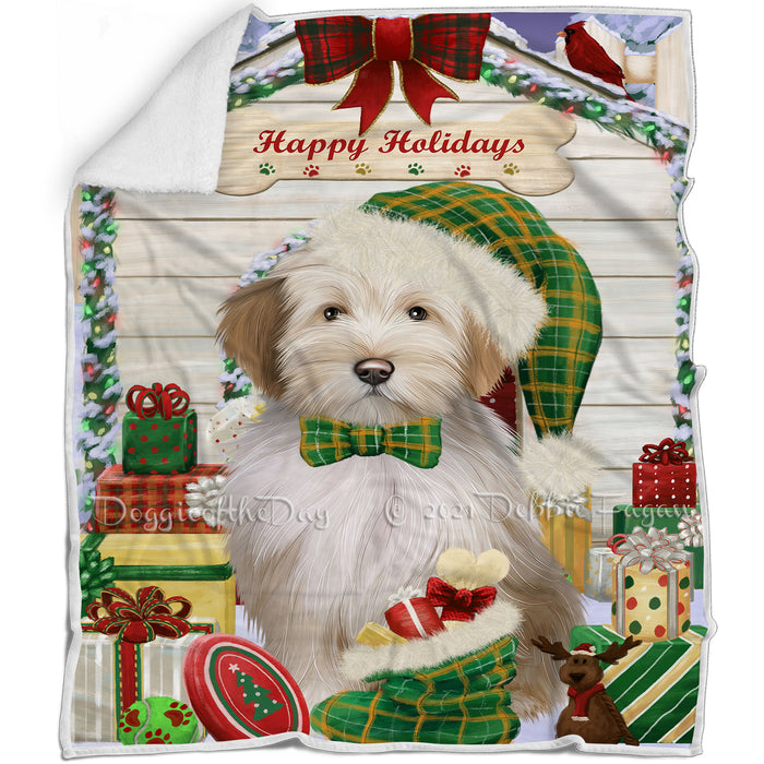 Happy Holidays Christmas Tibetan Terrier Dog House with Presents Blanket BLNKT80400