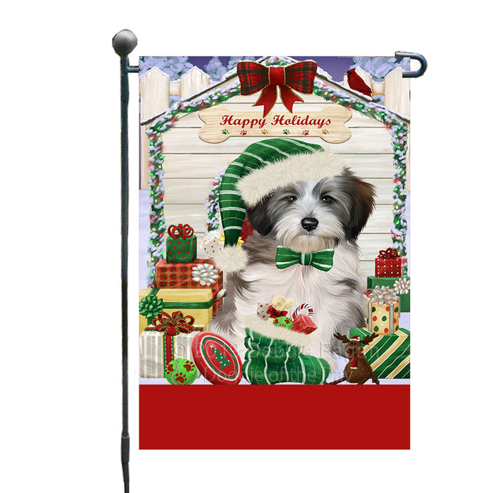 Personalized Happy Holidays Christmas Tibetan Terrier Dog House with Presents Custom Garden Flags GFLG-DOTD-A59385