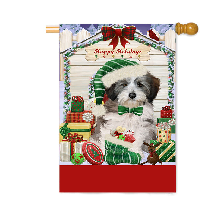 Personalized Happy Holidays Christmas Tibetan Terrier Dog House with Presents Custom House Flag FLG-DOTD-A59441