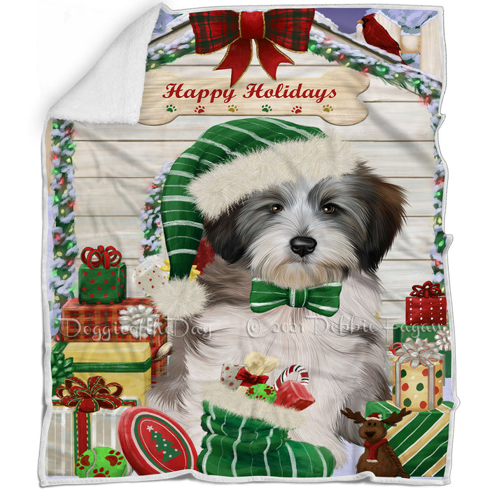 Happy Holidays Christmas Tibetan Terrier Dog House with Presents Blanket BLNKT80409