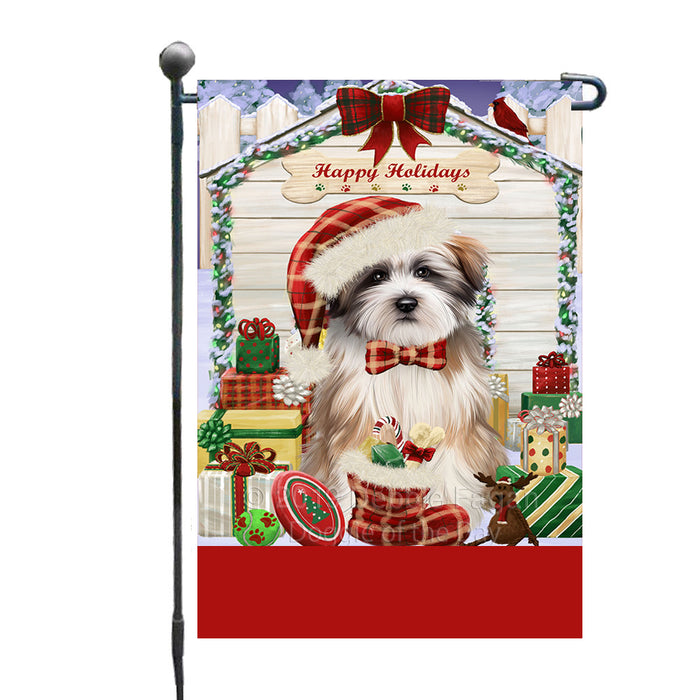 Personalized Happy Holidays Christmas Tibetan Terrier Dog House with Presents Custom Garden Flags GFLG-DOTD-A59386