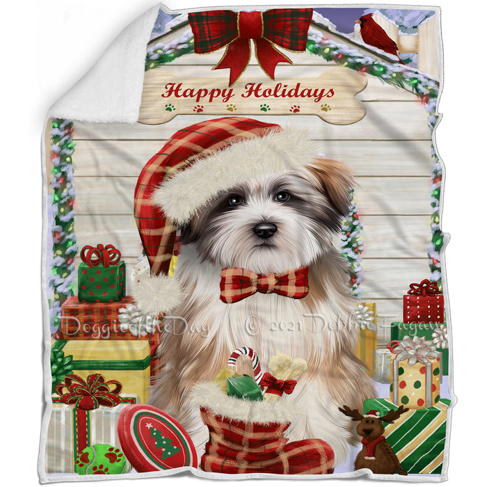 Happy Holidays Christmas Tibetan Terrier Dog House with Presents Blanket BLNKT80418