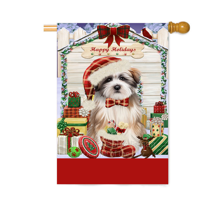 Personalized Happy Holidays Christmas Tibetan Terrier Dog House with Presents Custom House Flag FLG-DOTD-A59442