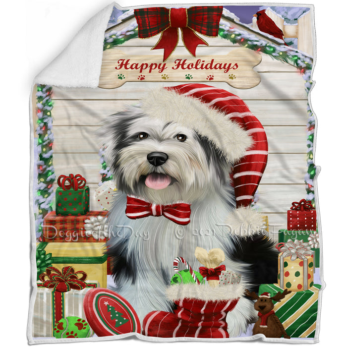 Happy Holidays Christmas Tibetan Terrier Dog House with Presents Blanket BLNKT80427