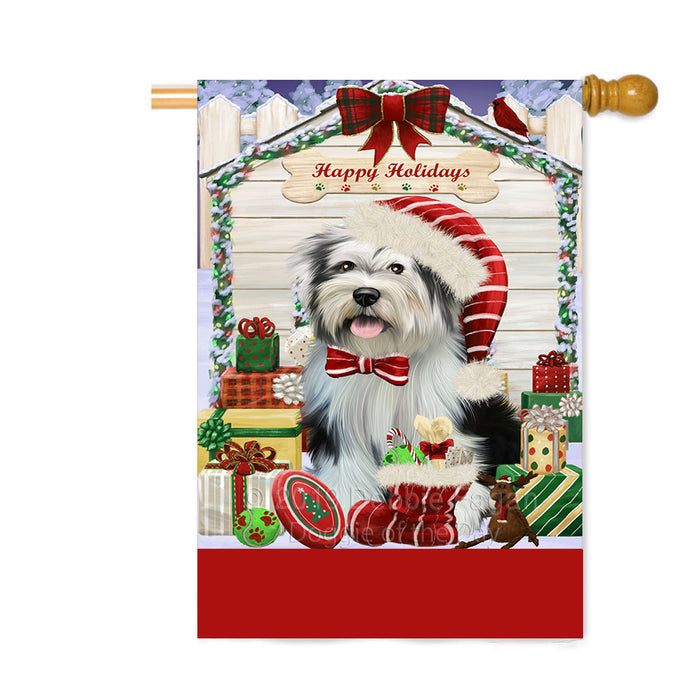 Personalized Happy Holidays Christmas Tibetan Terrier Dog House with Presents Custom House Flag FLG-DOTD-A59443