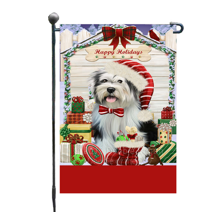 Personalized Happy Holidays Christmas Tibetan Terrier Dog House with Presents Custom Garden Flags GFLG-DOTD-A59387