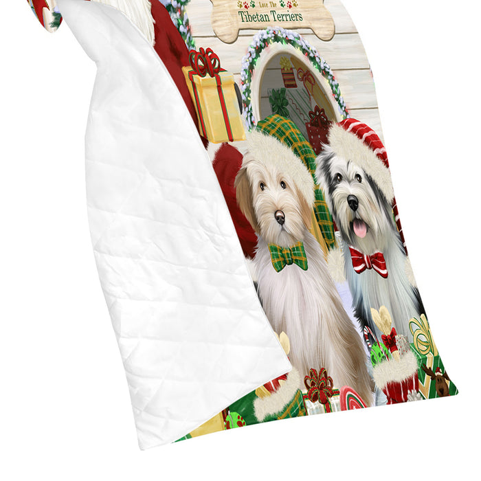 Happy Holidays Christmas Tibetan Terrier Dogs House Gathering Quilt