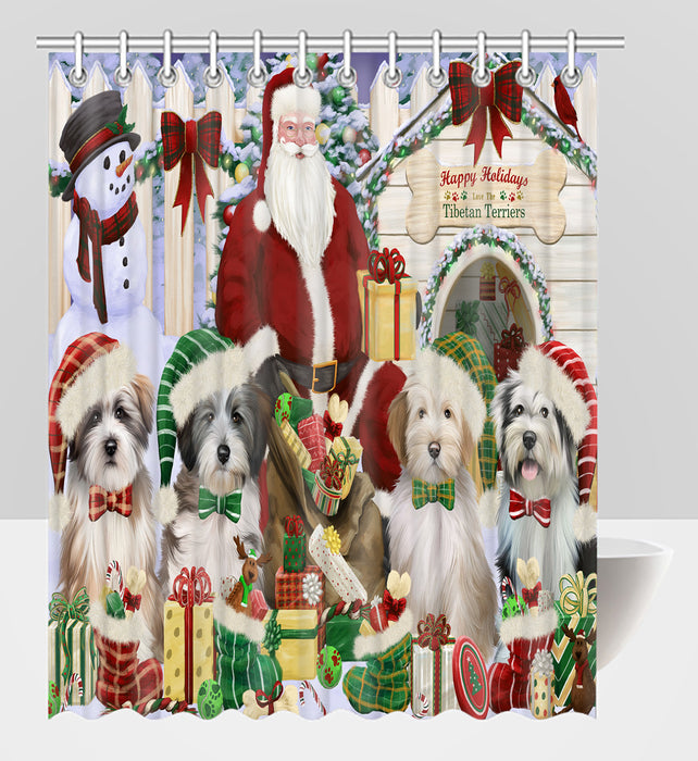 Happy Holidays Christmas Tibetan Terrier Dogs House Gathering Shower Curtain