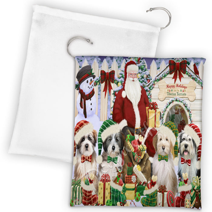 Happy Holidays Christmas Tibetan Terrier Dogs House Gathering Drawstring Laundry or Gift Bag LGB48087