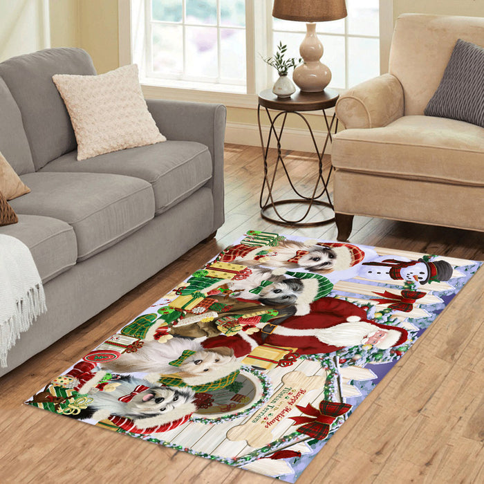 Happy Holidays Christma Tibetan Terrier Dogs House Gathering Area Rug