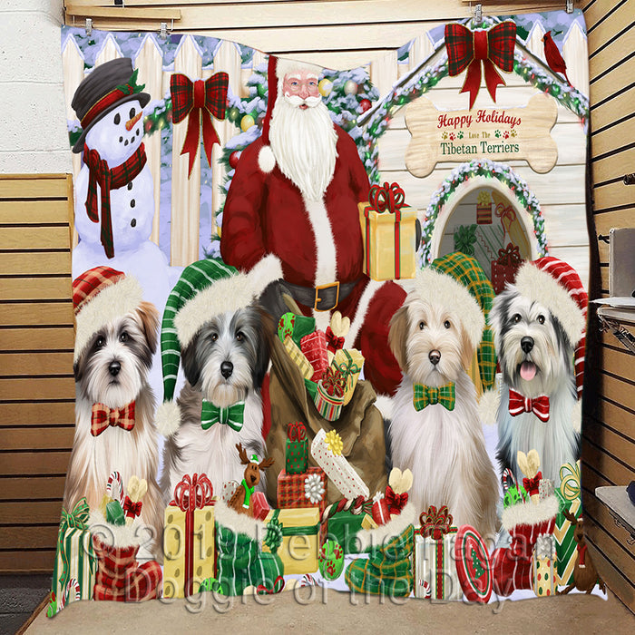 Happy Holidays Christmas Tibetan Terrier Dogs House Gathering Quilt