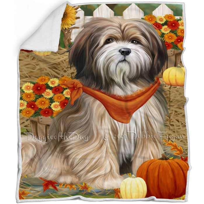 Fall Autumn Greeting Tibetan Terrier Dog with Pumpkins Blanket BLNKT73965