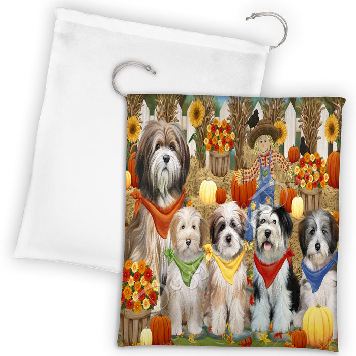 Fall Festive Harvest Time Gathering Tibetan Terrier Dogs Drawstring Laundry or Gift Bag LGB48445