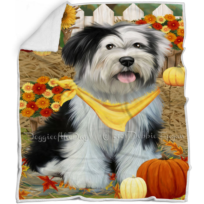 Fall Autumn Greeting Tibetan Terrier Dog with Pumpkins Blanket BLNKT73974