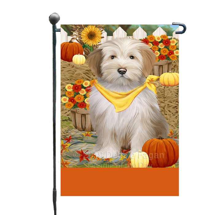 Personalized Fall Autumn Greeting Tibetan Terrier Dog with Pumpkins Custom Garden Flags GFLG-DOTD-A62079