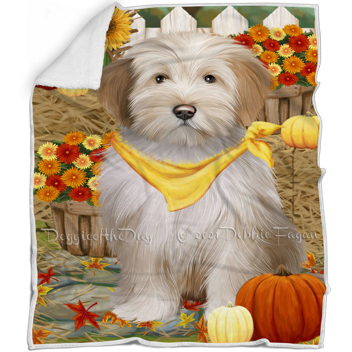 Fall Autumn Greeting Tibetan Terrier Dog with Pumpkins Blanket BLNKT73983