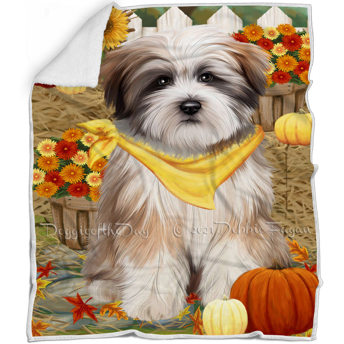 Fall Autumn Greeting Tibetan Terrier Dog with Pumpkins Blanket BLNKT73992