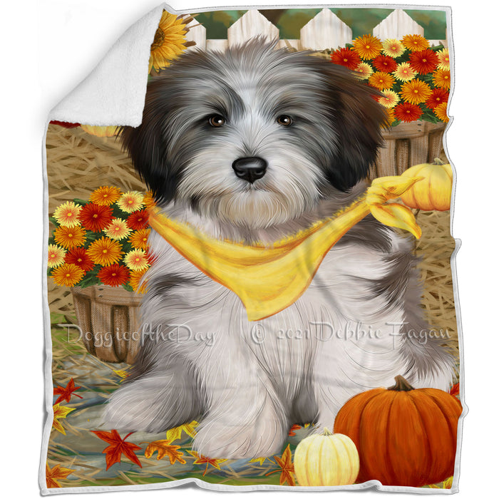 Fall Autumn Greeting Tibetan Terrier Dog with Pumpkins Blanket BLNKT74001