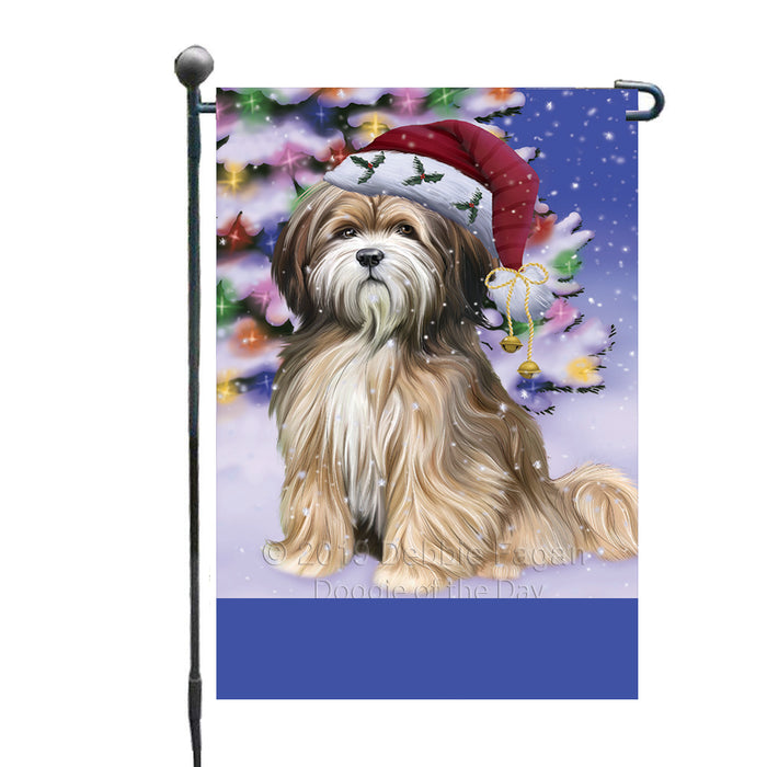 Personalized Winterland Wonderland Tibetan Terrier Dog In Christmas Holiday Scenic Background Custom Garden Flags GFLG-DOTD-A61421