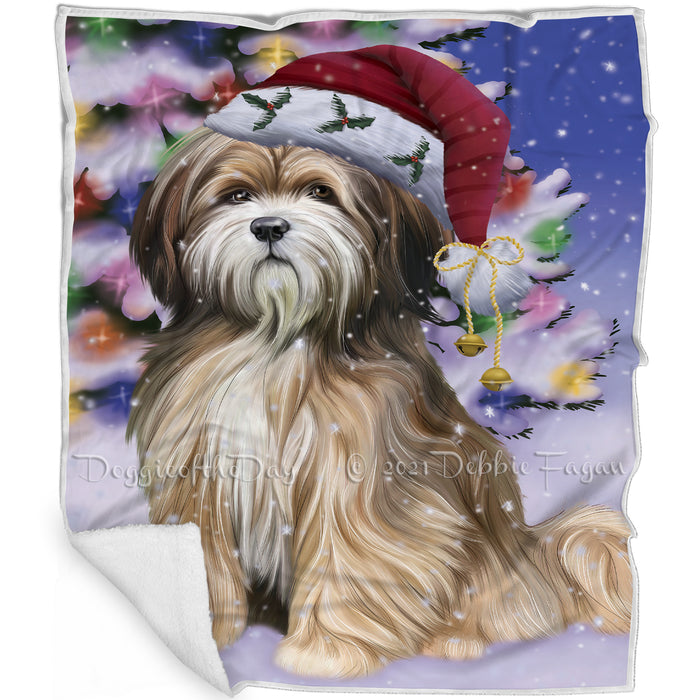 Winterland Wonderland Tibetan Terrier Dog In Christmas Holiday Scenic Background Blanket D207